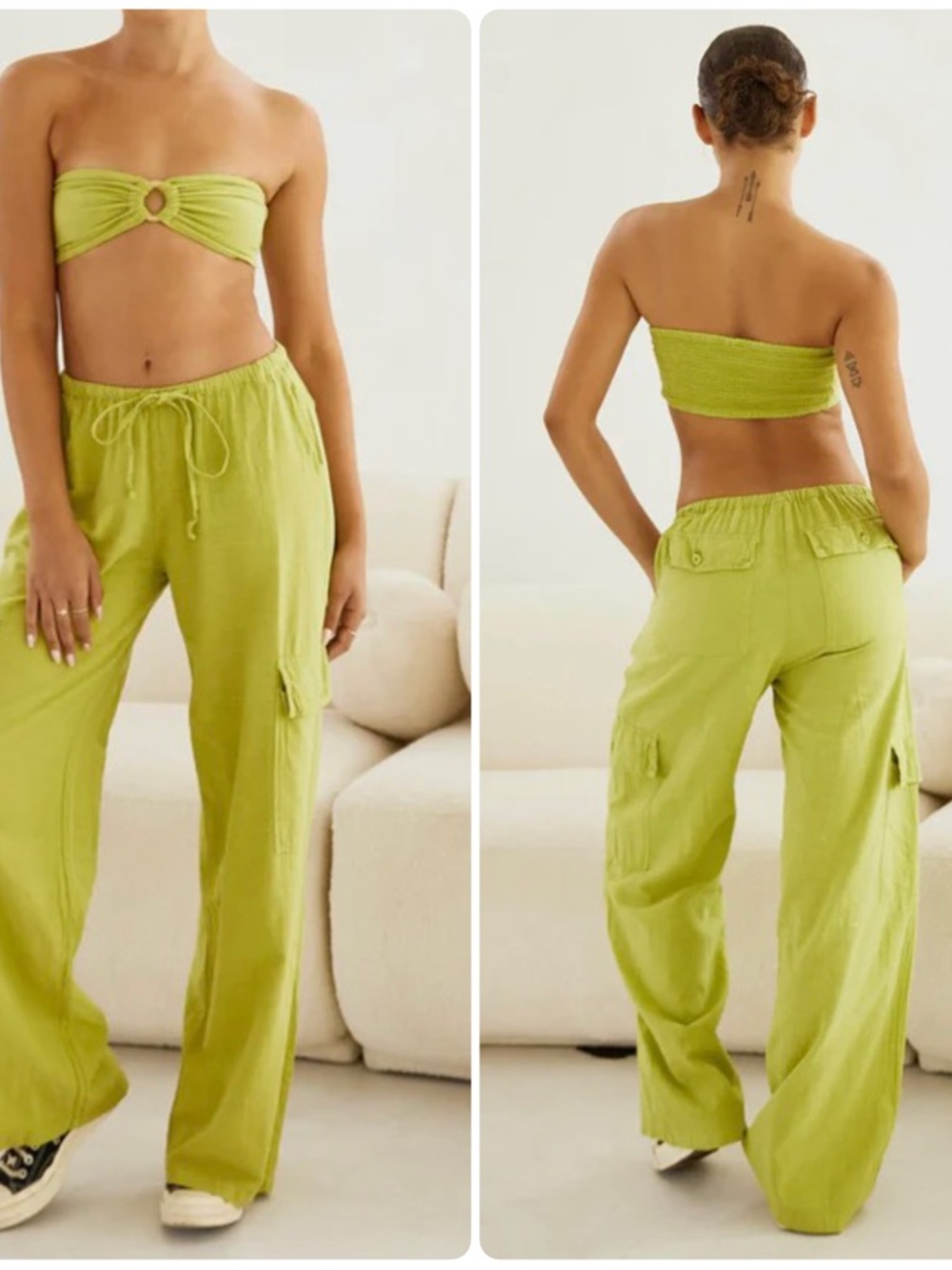 Women's Wide-Leg Cargo Pants in Lime Green - Casual Comfort